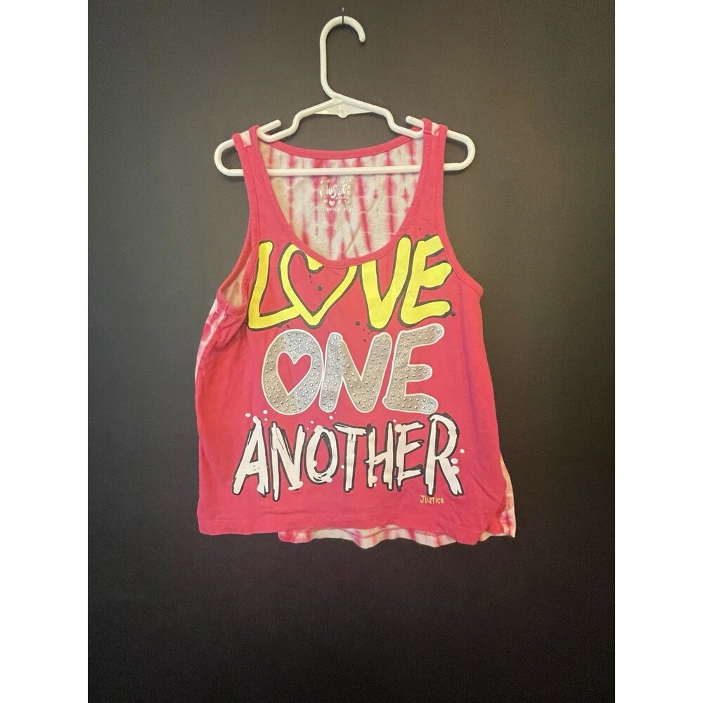 Justice Girls Sz10 Hot Pink Tank “ Love One Another” Pop Summer Bright Graffiti